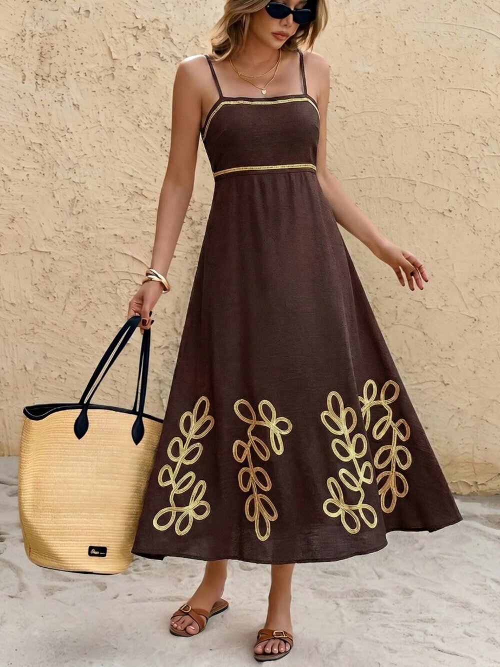 brown Casual Women's Plant Print Vacation midi Dress